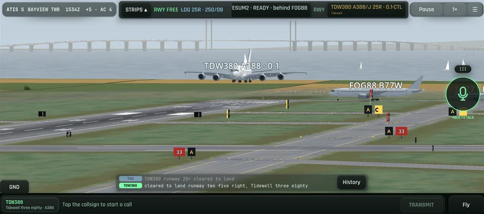 The 3D tower cab: a widebody lands on runway 25R while the transmission log shows the clearance and the readback